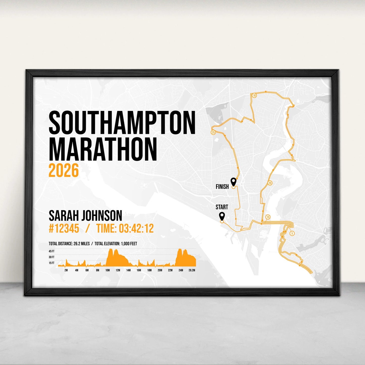 Personalised Southampton Marathon Art Print in orange from Purest Green Prints