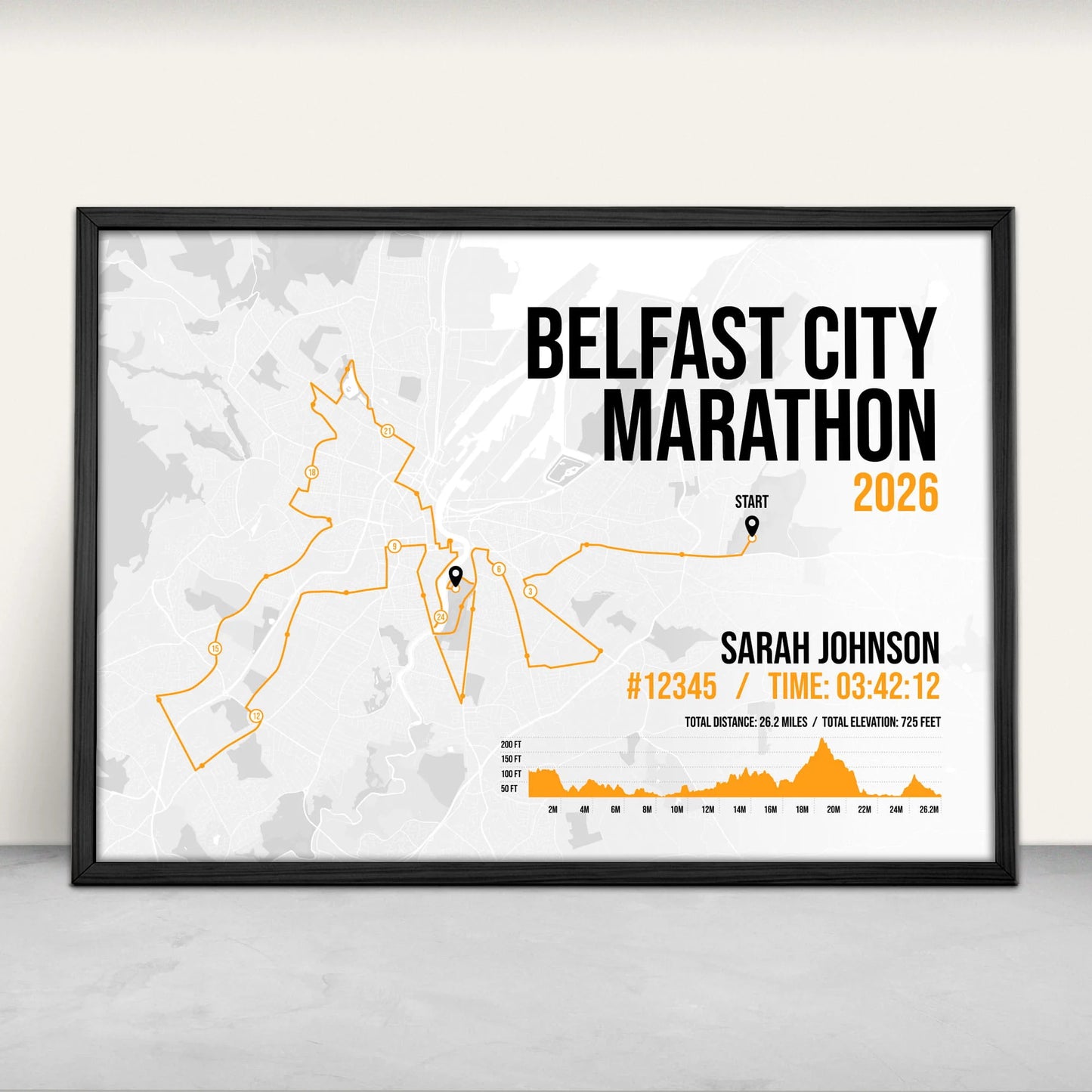 Personalised Belfast City Marathon Art Print in orange from Purest Green Prints