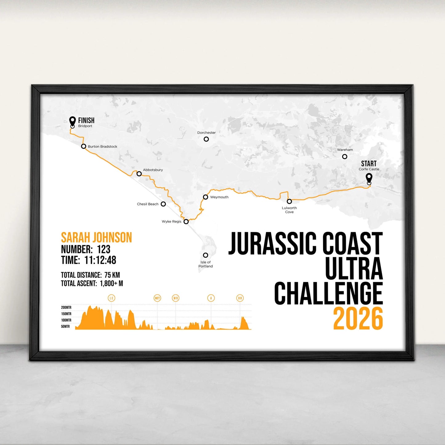 Jurassic Coast Challenge Personalised Art Print in orange from Purest Green Prints