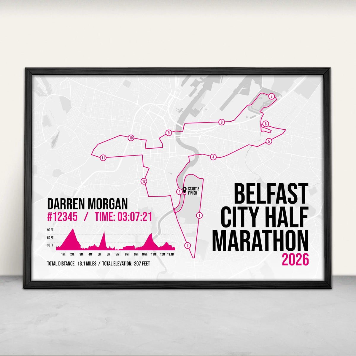 Personalised Belfast City Half Marathon Art Print in pink from Purest Green Prints
