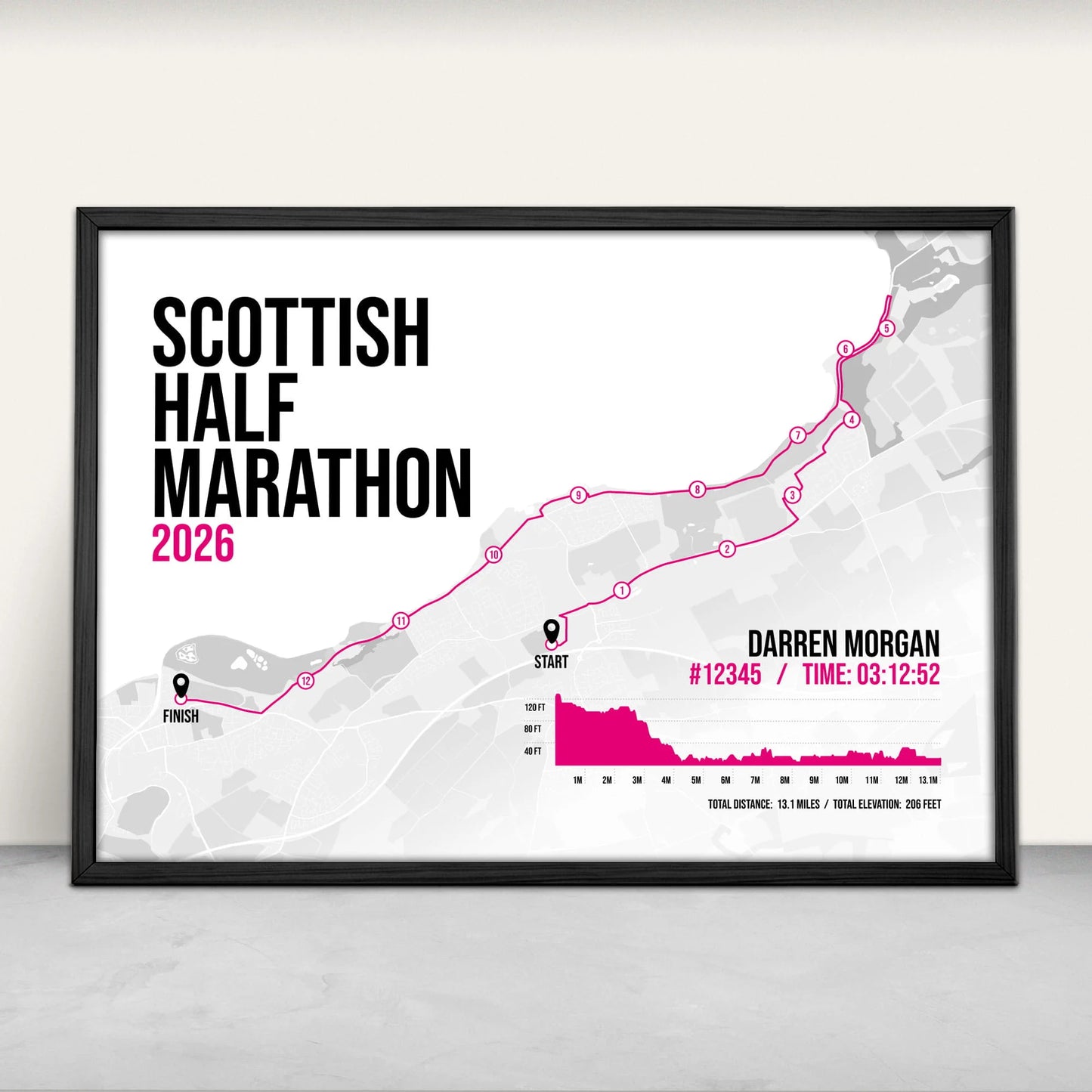 Personalised Scottish Half Marathon route map print in pink from Purest Green Prints