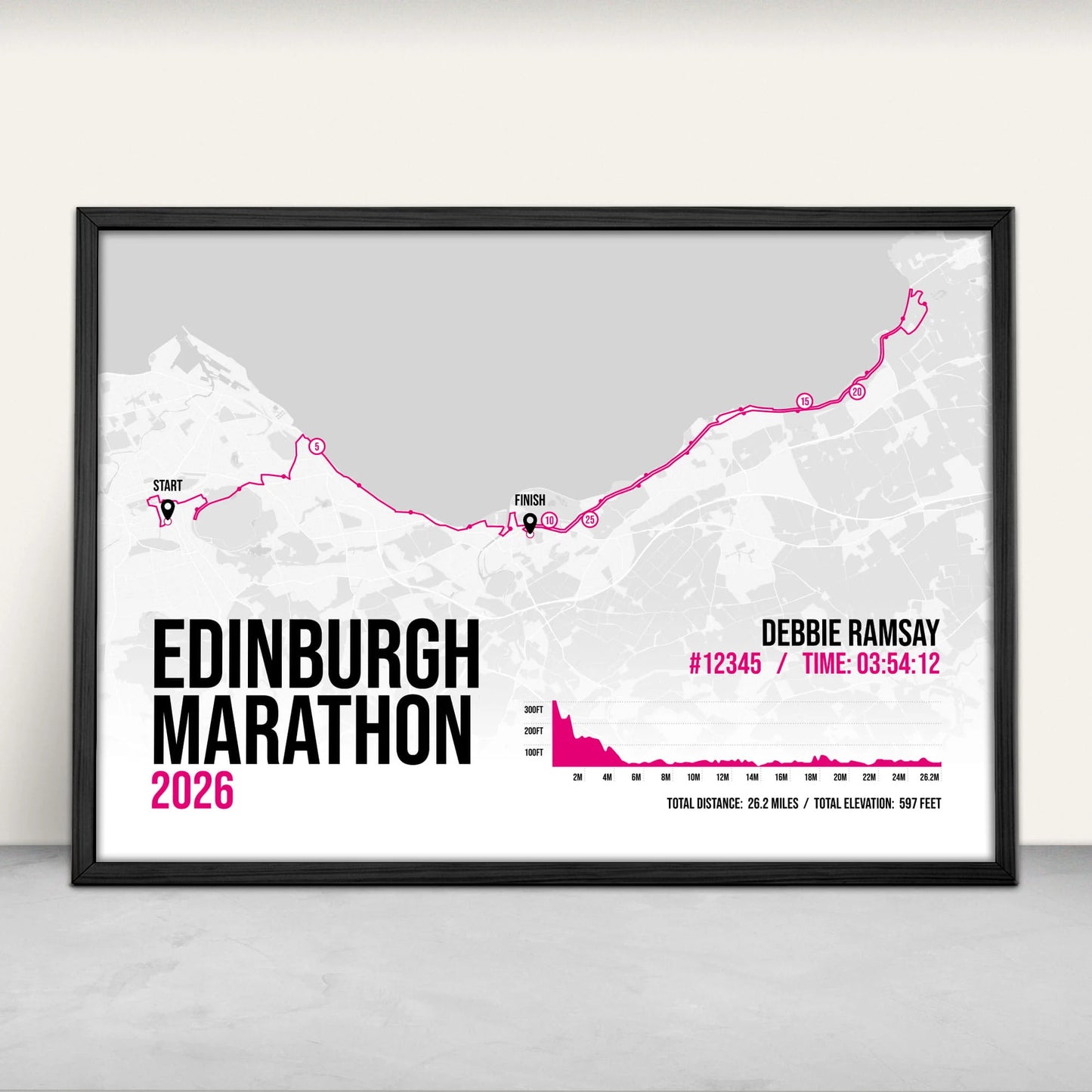 Personalised Edinburgh Marathon route map print in pink from Purest Green Prints