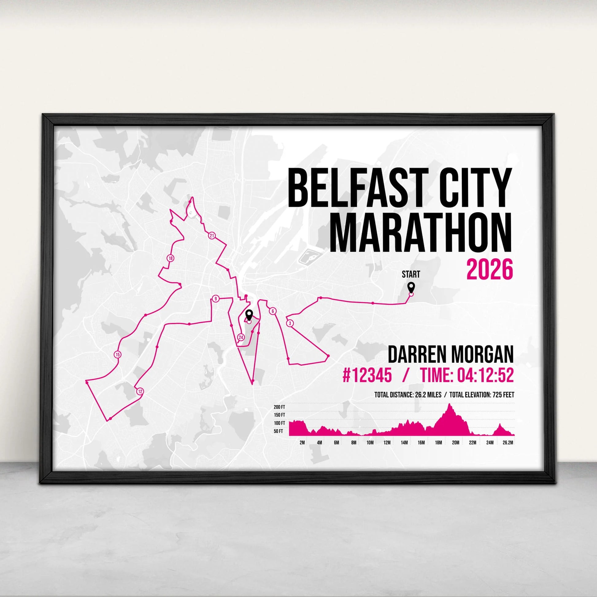 Personalised Belfast City Marathon Art Print in pink from Purest Green Prints