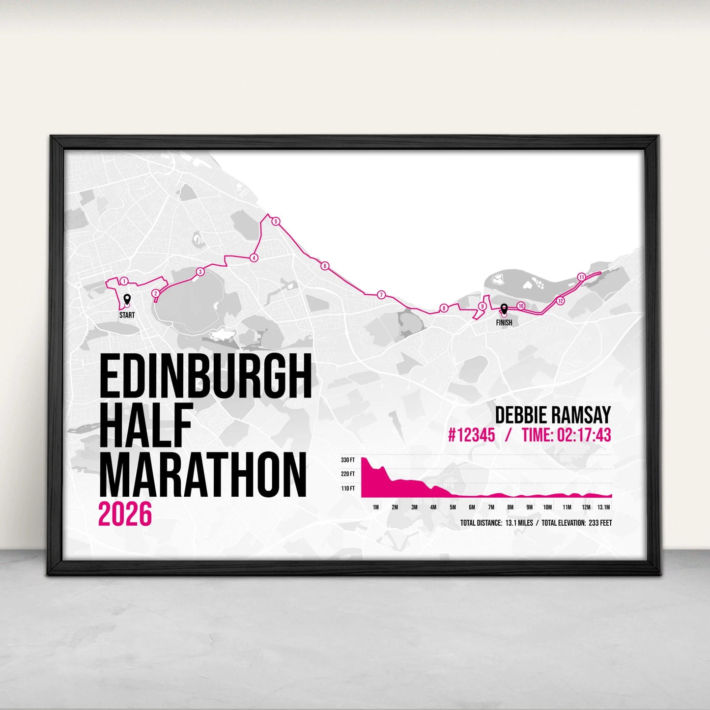 Personalised Edinburgh Half Marathon route map print in pink from Purest Green Prints