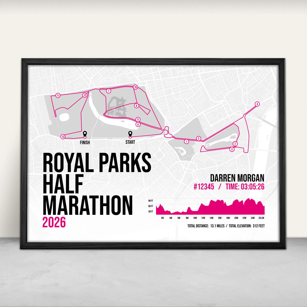 Royal Parks Half Marathon Personalised Art Print in pink from Purest Green Prints.