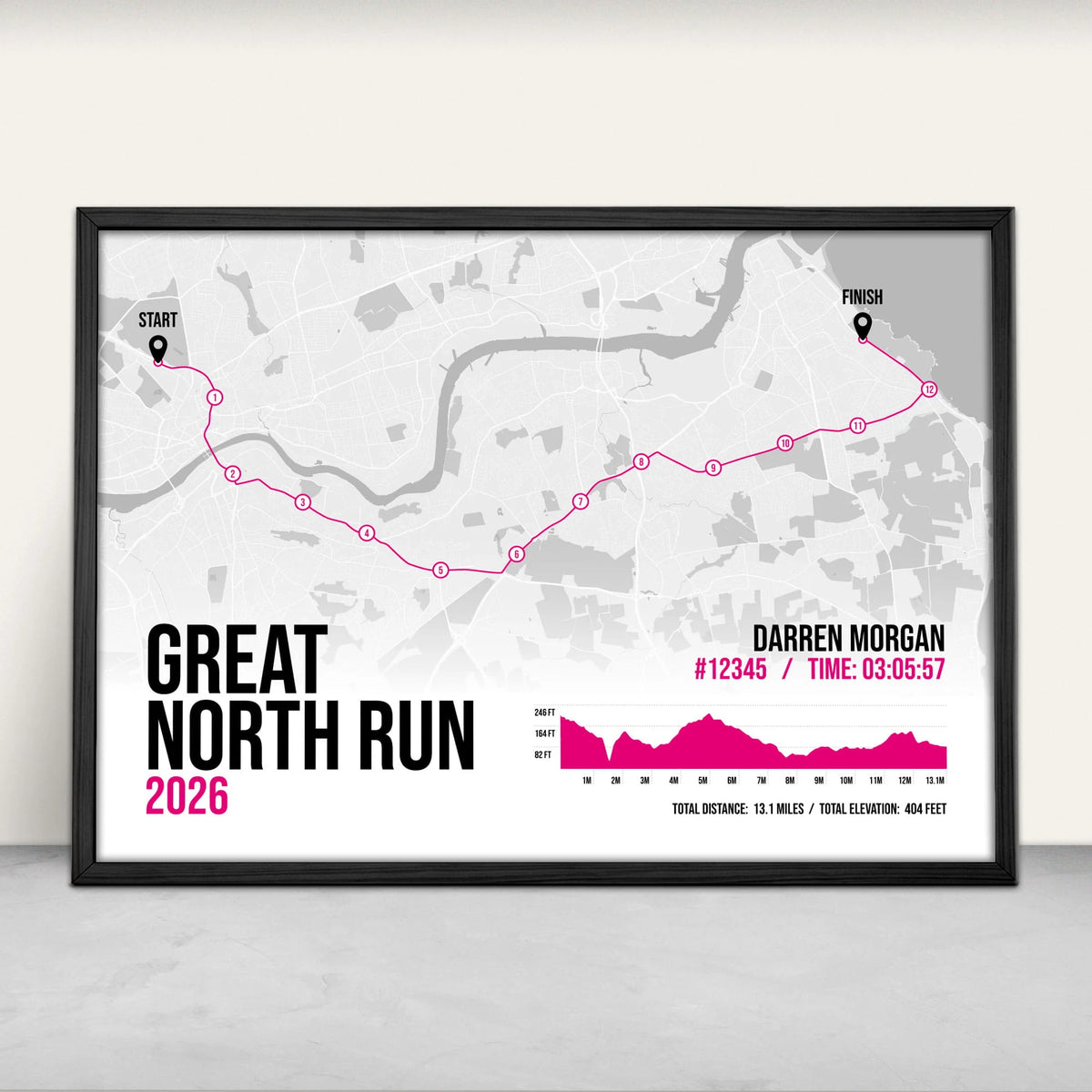 Personalised Great North Run Half Marathon Art Print in pink from Purest Green Prints