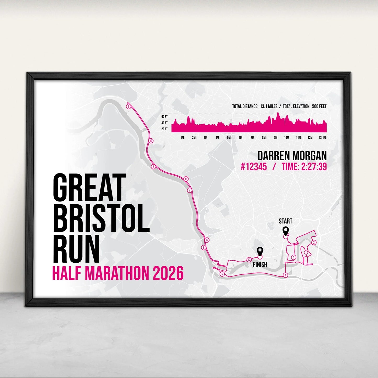 Personalised Great Bristol Run Half Marathon route map and elevation art print in pink from Purest Green Prints