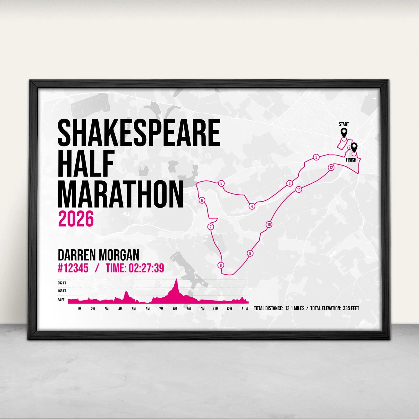 Shakespeare Half Marathon Personalised Art Print in pink from Purest Green Prints.