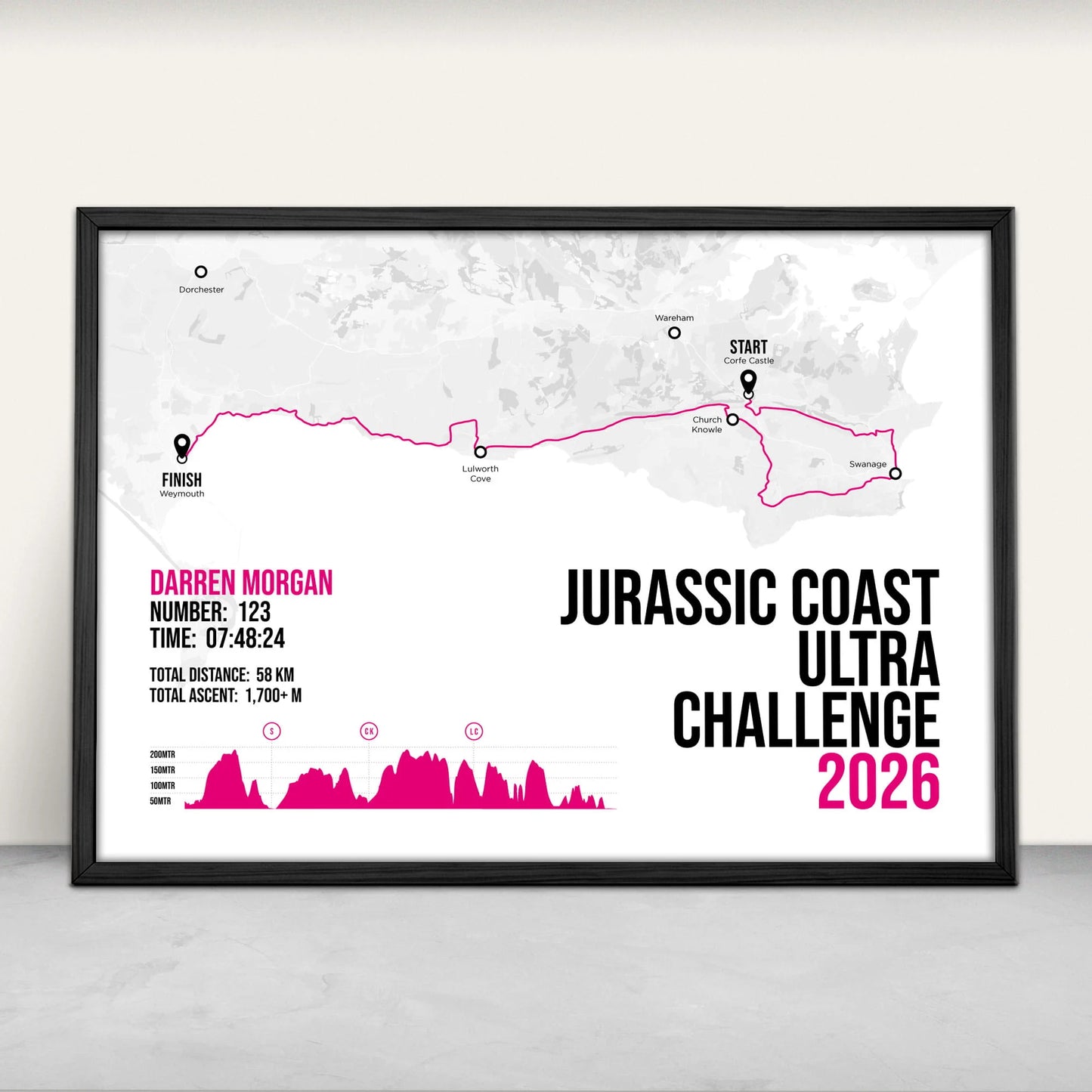 Jurassic Coast Challenge Personalised Art Print in pink from Purest Green Prints