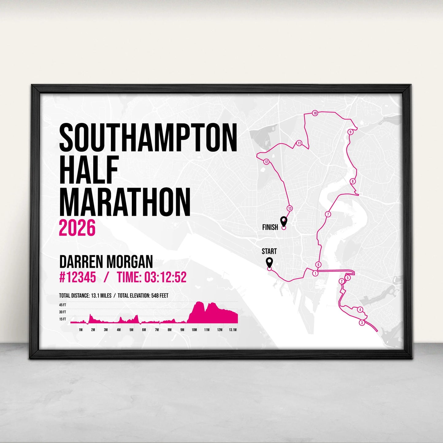 Southampton Half Marathon Personalised Art Print in pink from Purest Green Prints.