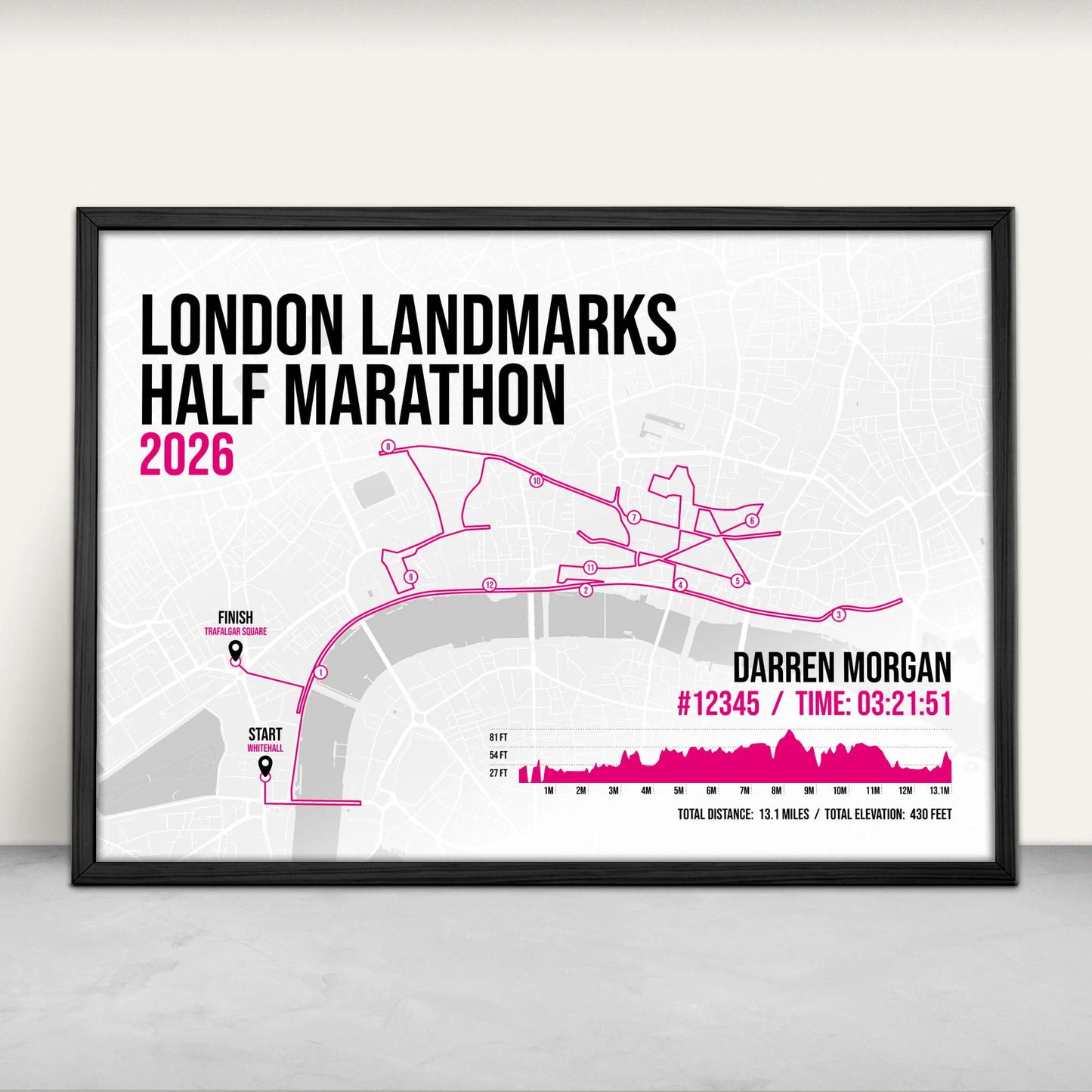 London Landmarks Half Marathon Personalised Art Print in pink from Purest Green Prints.