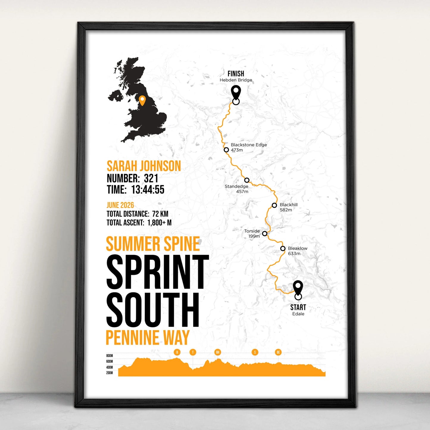 The Spine Race Sprint South Personalised Art Print in orange from Purest Green Prints