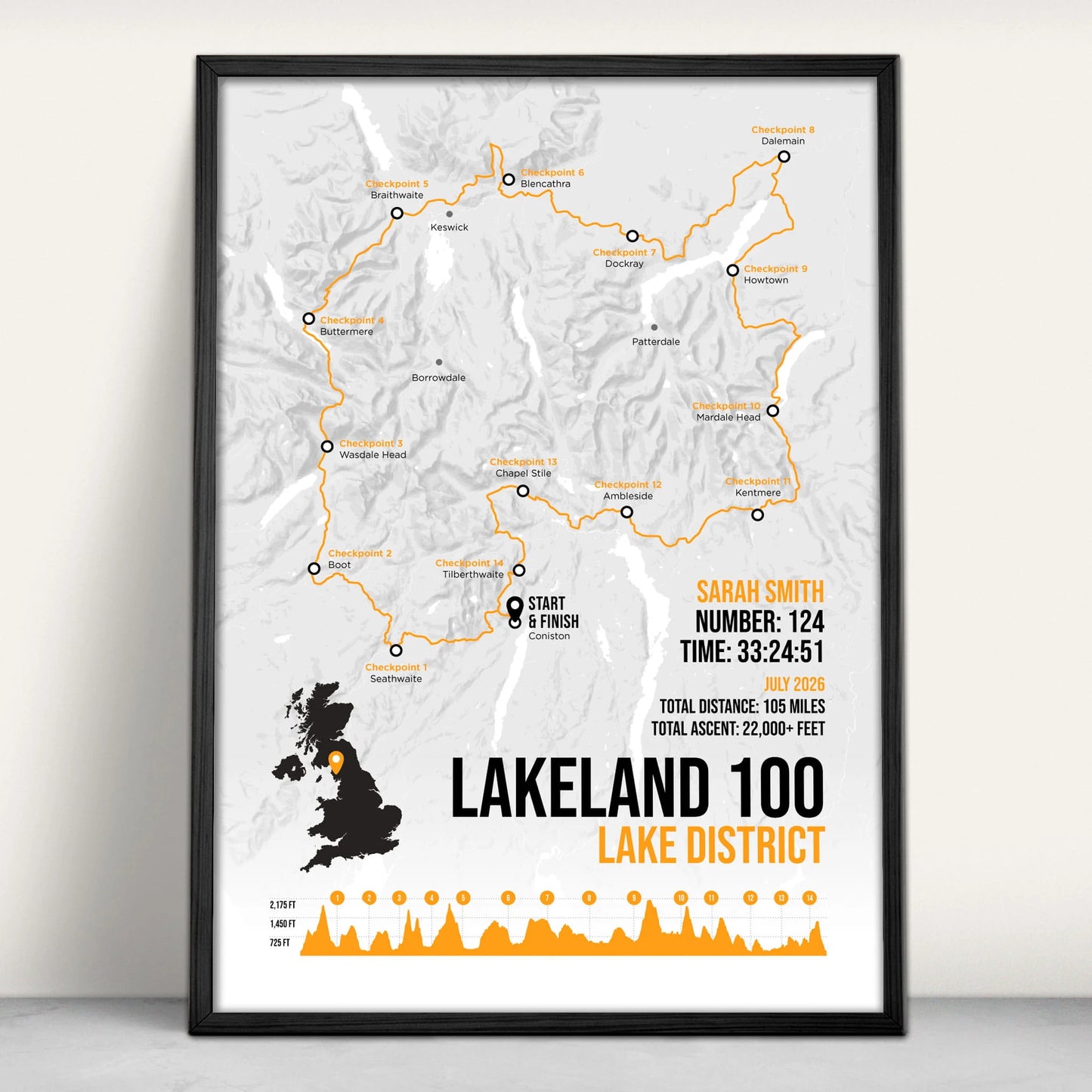 Lakeland 100 Personalised Art Print in orange from Purest Green Prints