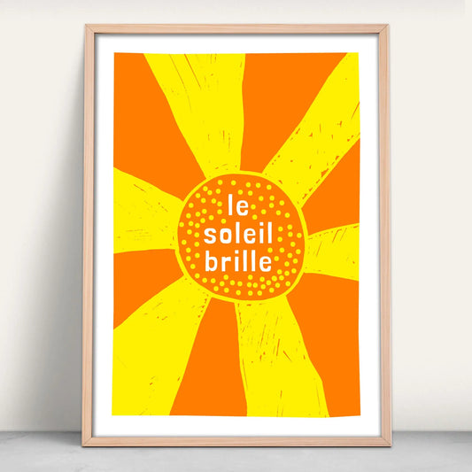 Le soleil brille bright sun print in yellow and orange from Purest Green Prints