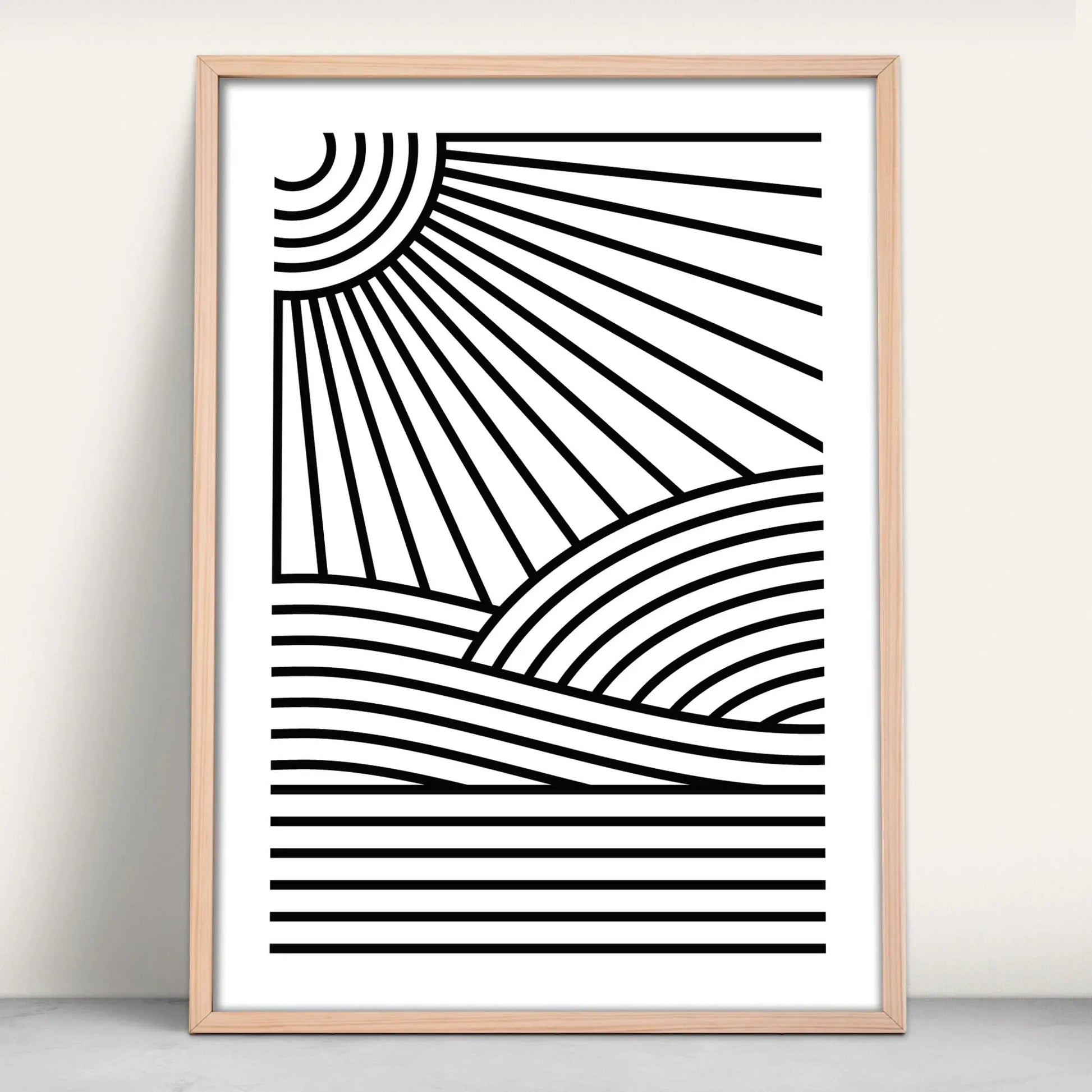 Abstract Mono line art print representing a beach, sea and sun from Purest Green Prints