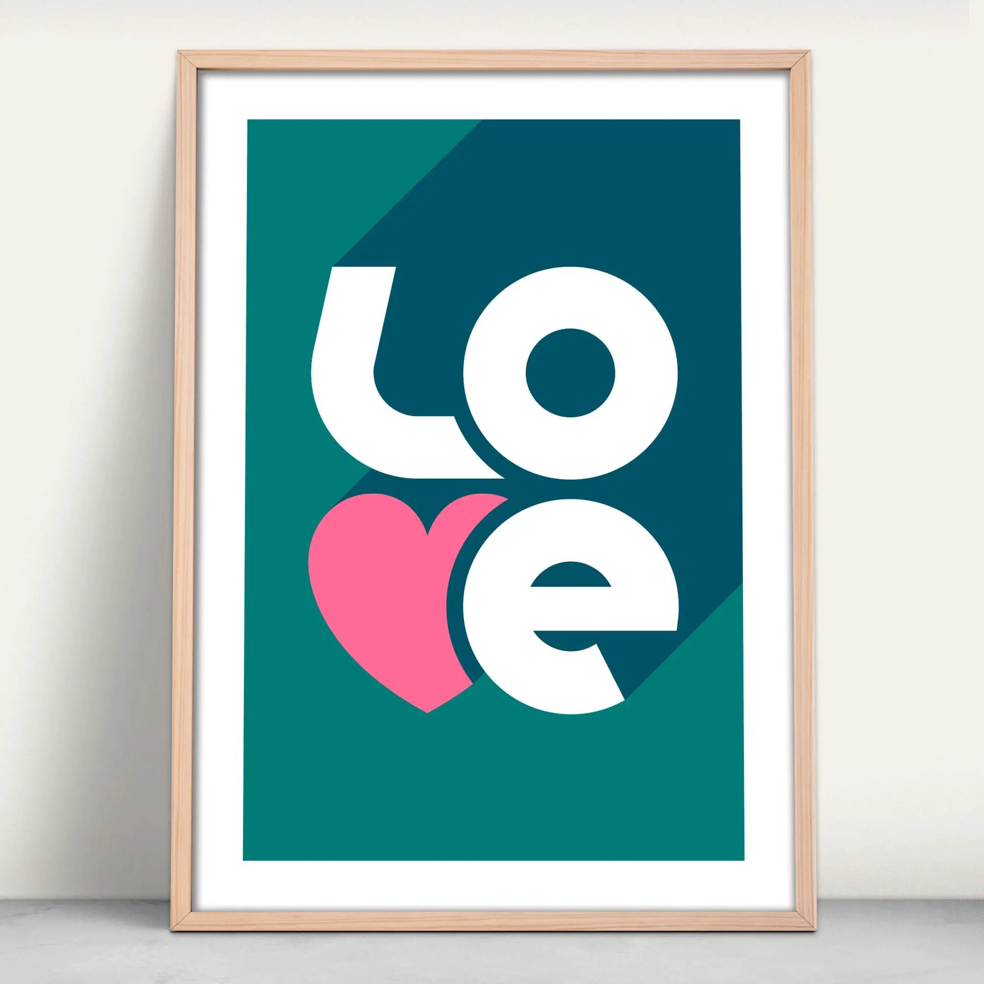 LOVE typography valentines print in teal green and pink from Purest Green Prints