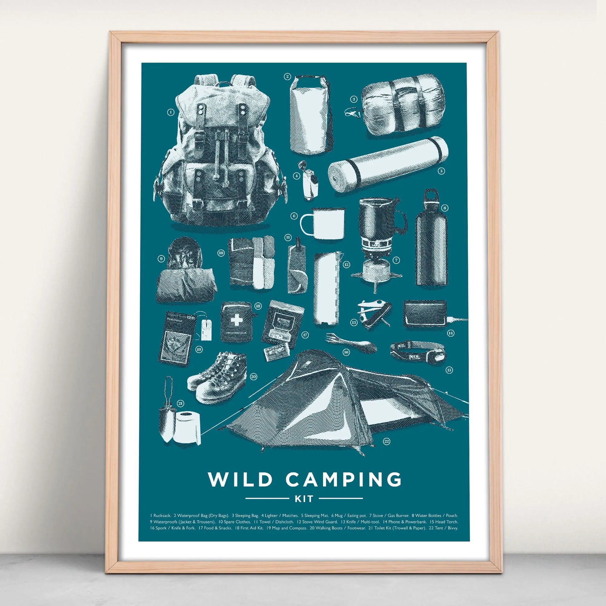 Wild Camping Equipment Checklist Art Print from Purest Green Prints