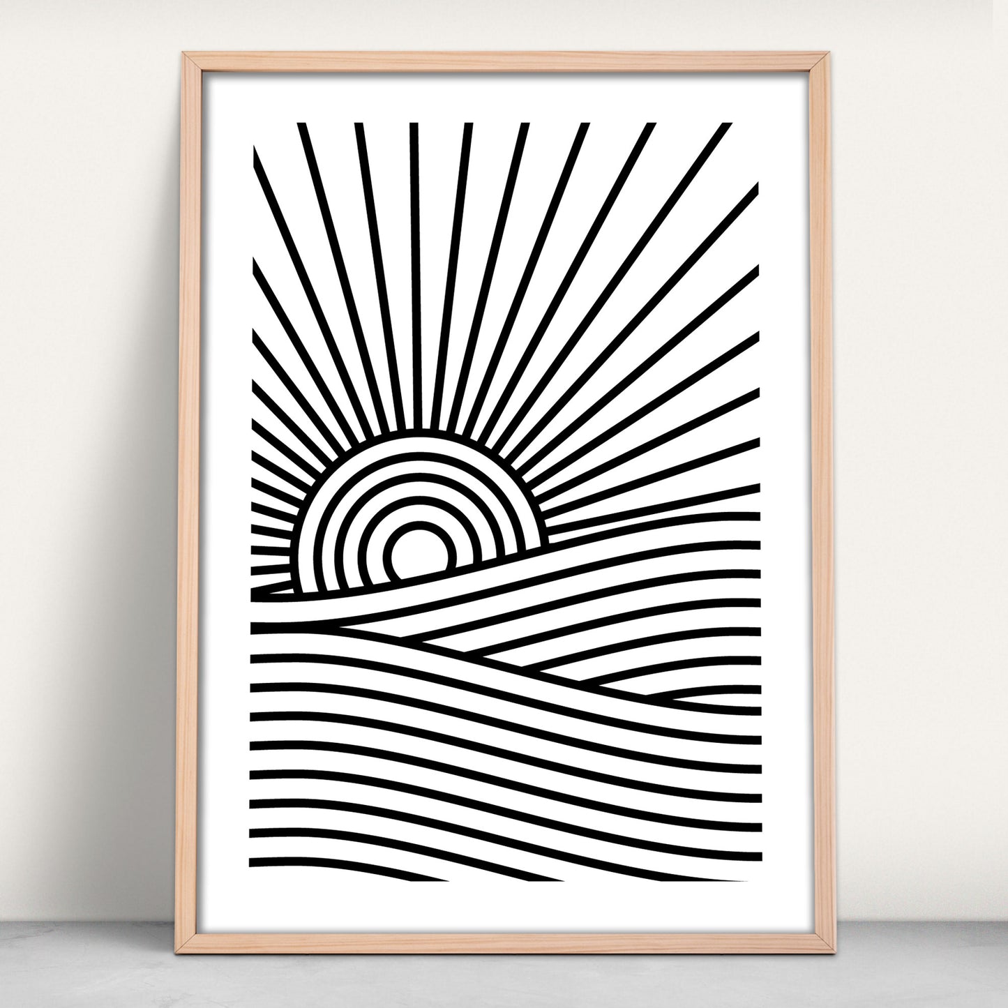 Mono line print of a setting sun over the sea from Purest Green Prints