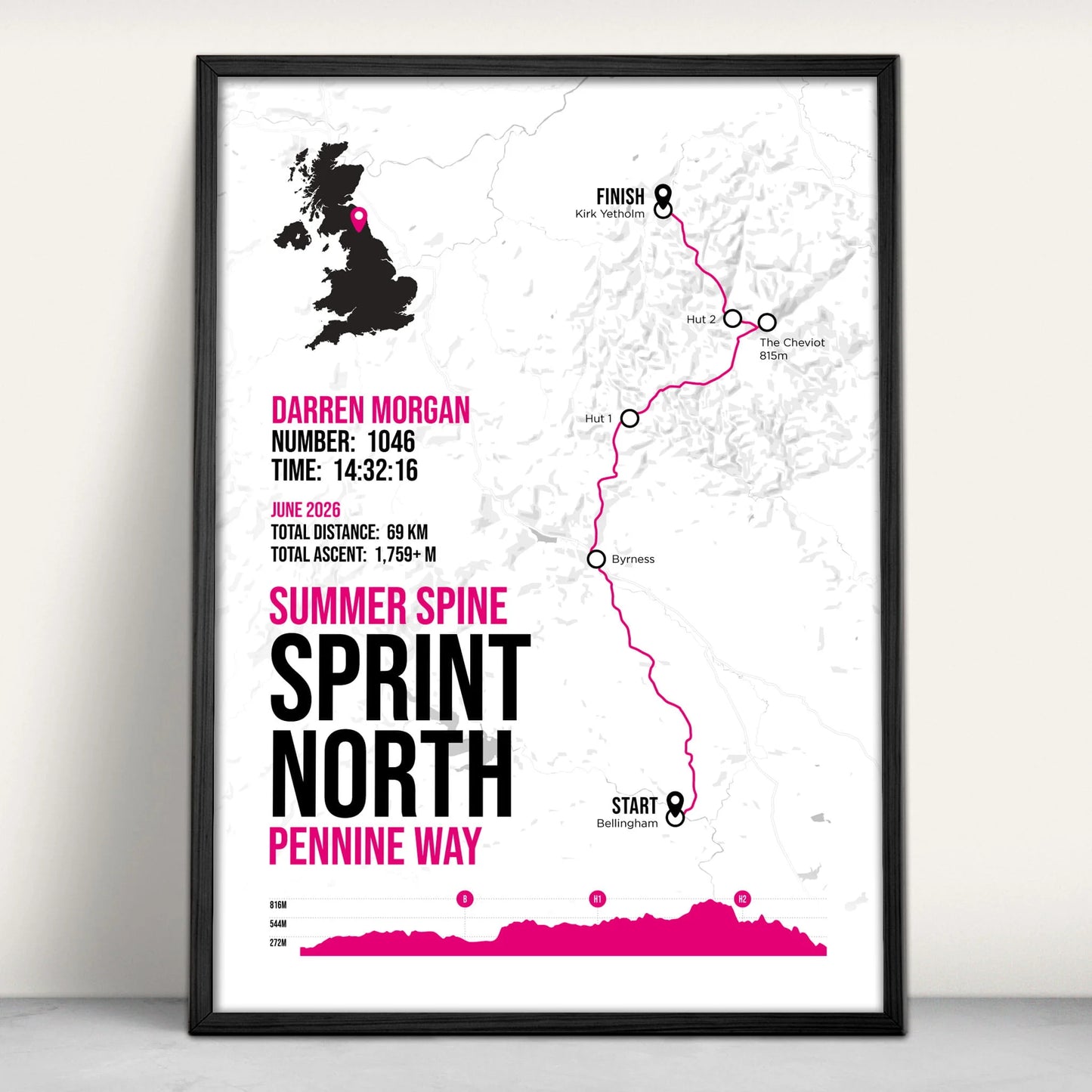 The Spine Race Sprint North Personalised Art Print in pink from Purest Green Prints