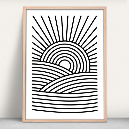 Mono line artwork showing the sun rising over the sea from Purest Green Prints