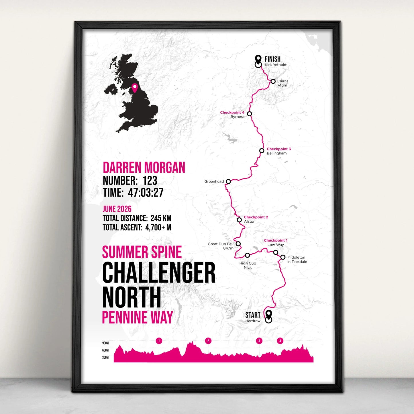 The Spine Race Challenger North Personalised Art Print in pink from Purest Green Prints