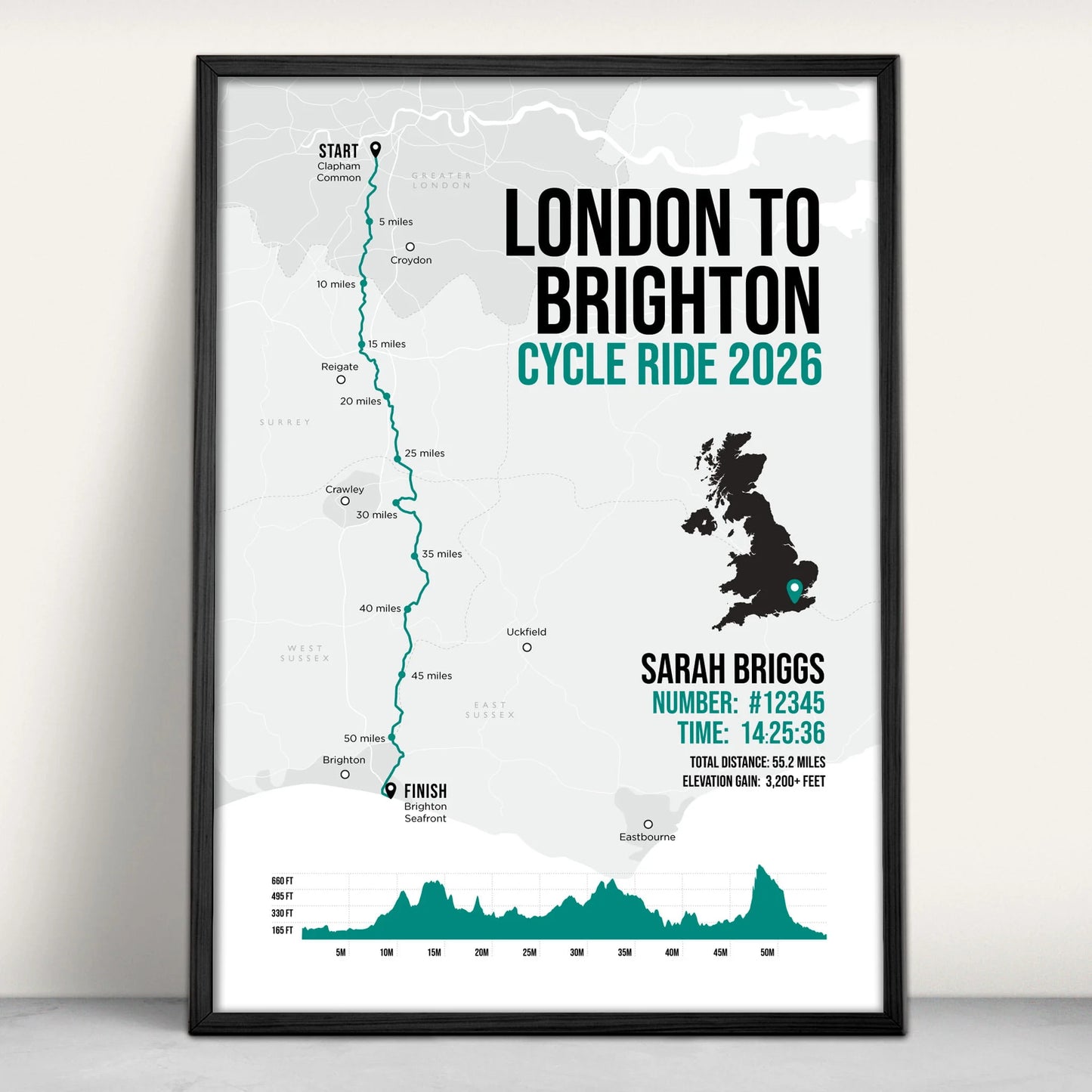Personalised London to Brighton Cycle Art Print in green from Purest Green Prints