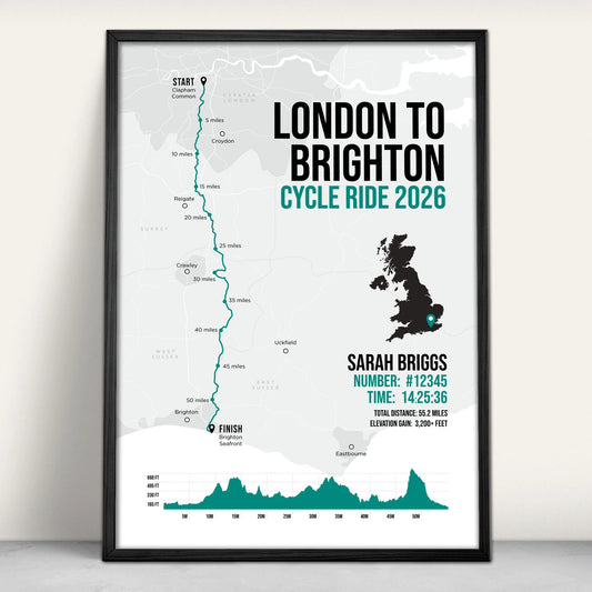 Personalised London to Brighton Cycle Art Print in green from Purest Green Prints