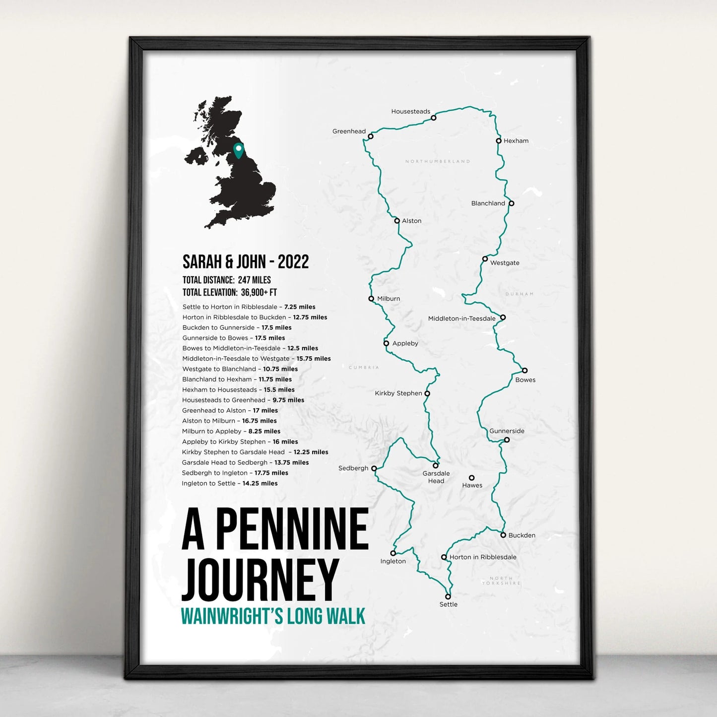 A Pennine Journey Trail Map Art Print in teal from Purest Green Prints
