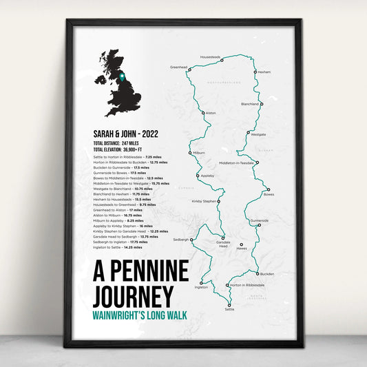 A Pennine Journey Trail Map Art Print in teal from Purest Green Prints