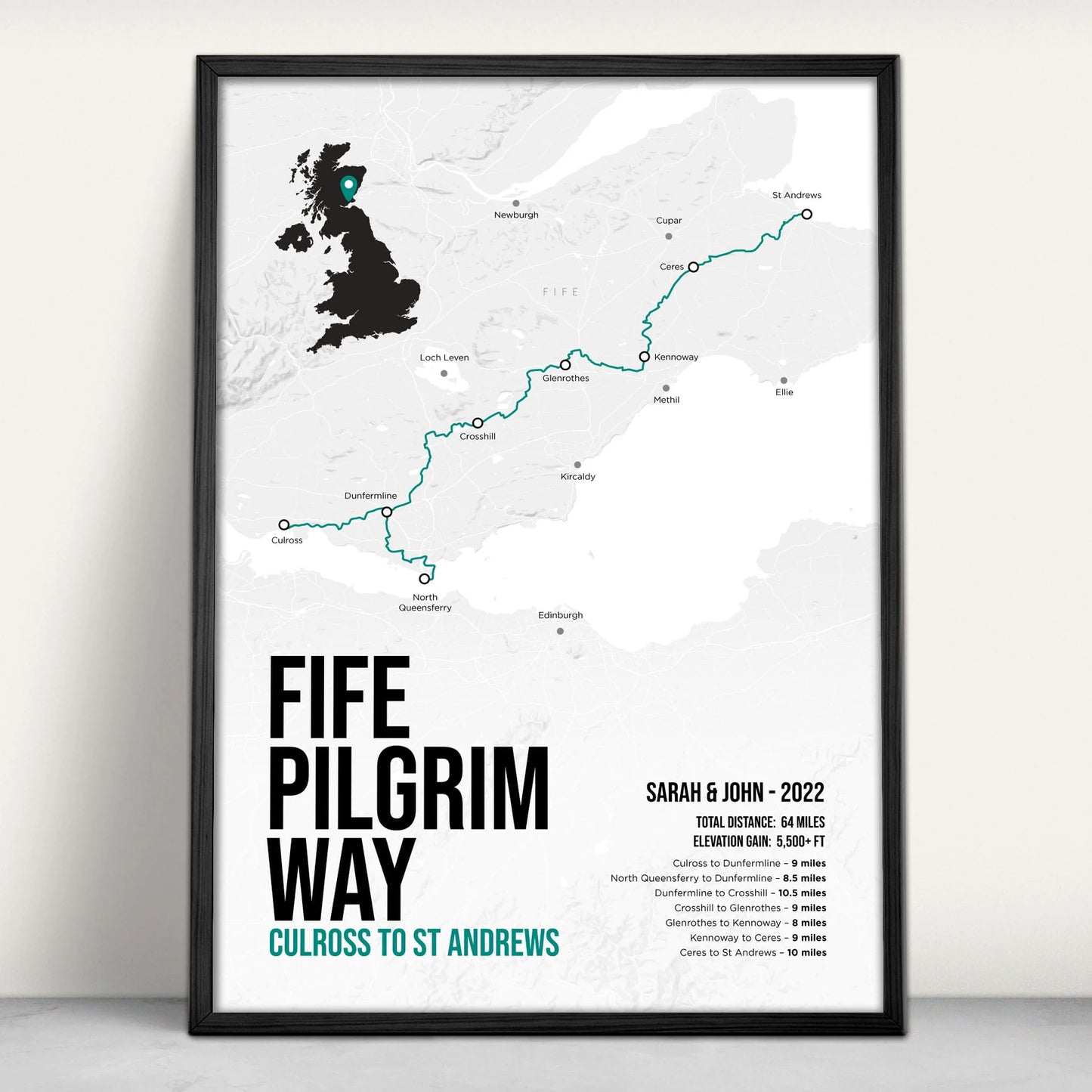 Fife Pilgrim Way Scottish Trail Map Art Print in teal from Purest Green Prints.