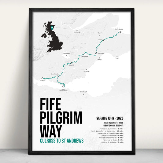 Fife Pilgrim Way Scottish Trail Map Art Print in teal from Purest Green Prints.