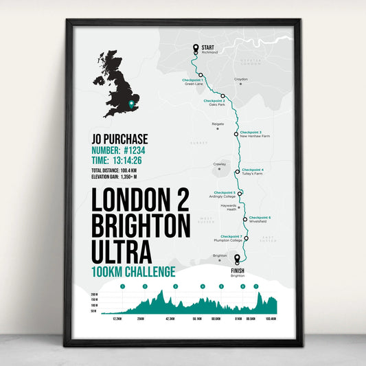 London 2 Brighton Ultra Personalised Art Print in green from Purest Green Prints