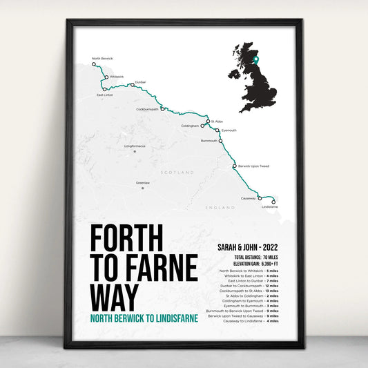 Forth to Farne Way Scottish and English Trail Map Art Print in teal from Purest Green Prints.