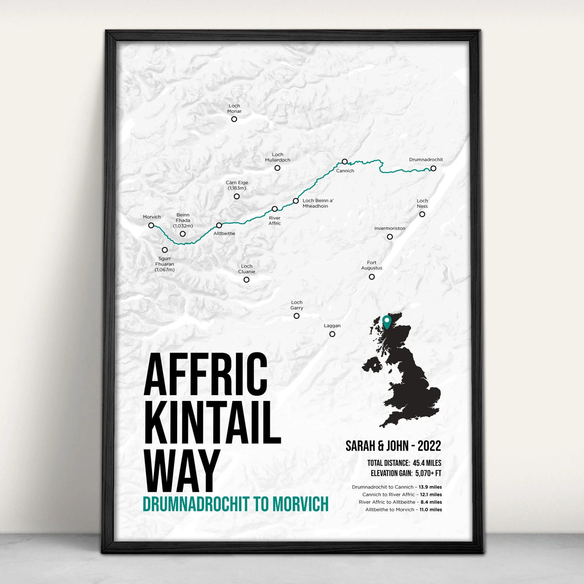 Affric Kintail Way Scottish Trail Map Art Print in teal from Purest Green Prints.