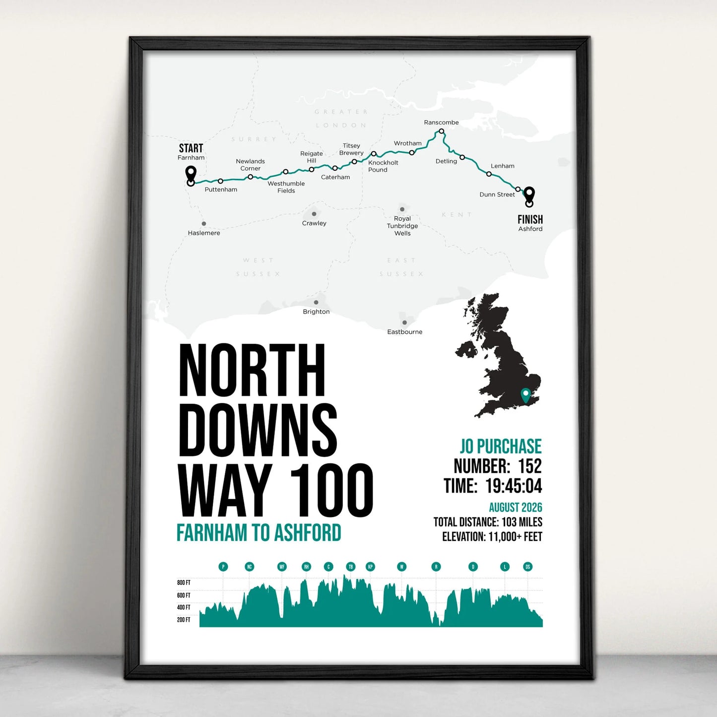 North Downs Way 100 Personalised Art Print in green from Purest Green Prints
