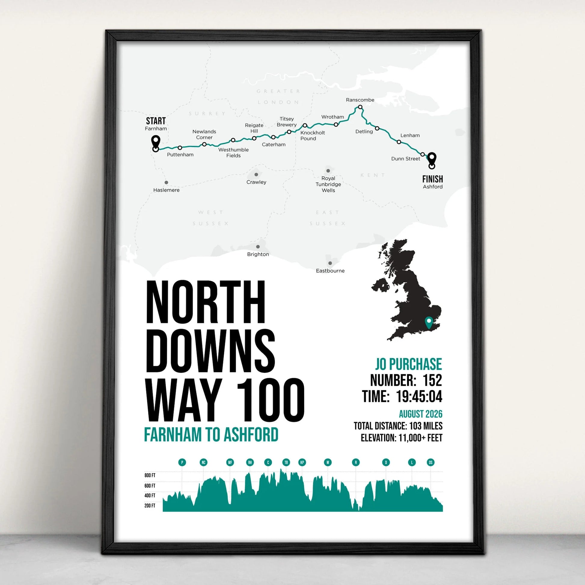 North Downs Way 100 Personalised Art Print in green from Purest Green Prints