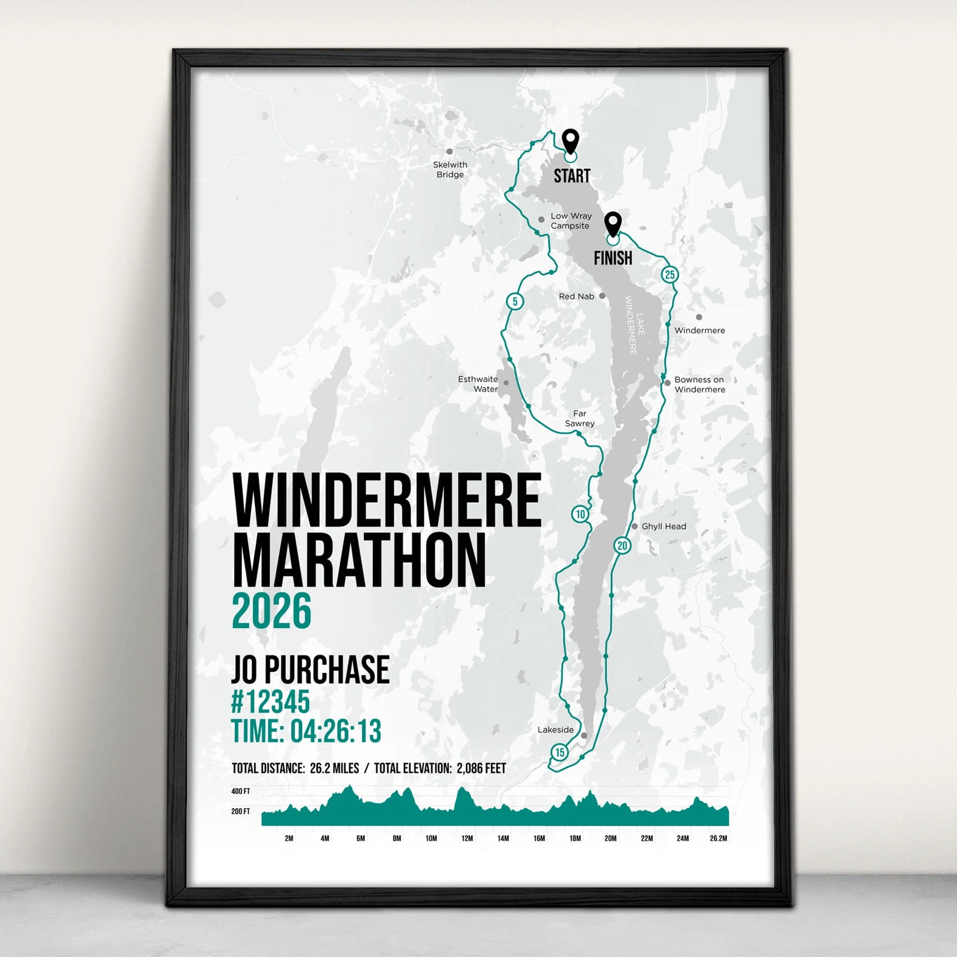 Lake Windermere Marathon Personalised Art Print in green from Purest Green Prints