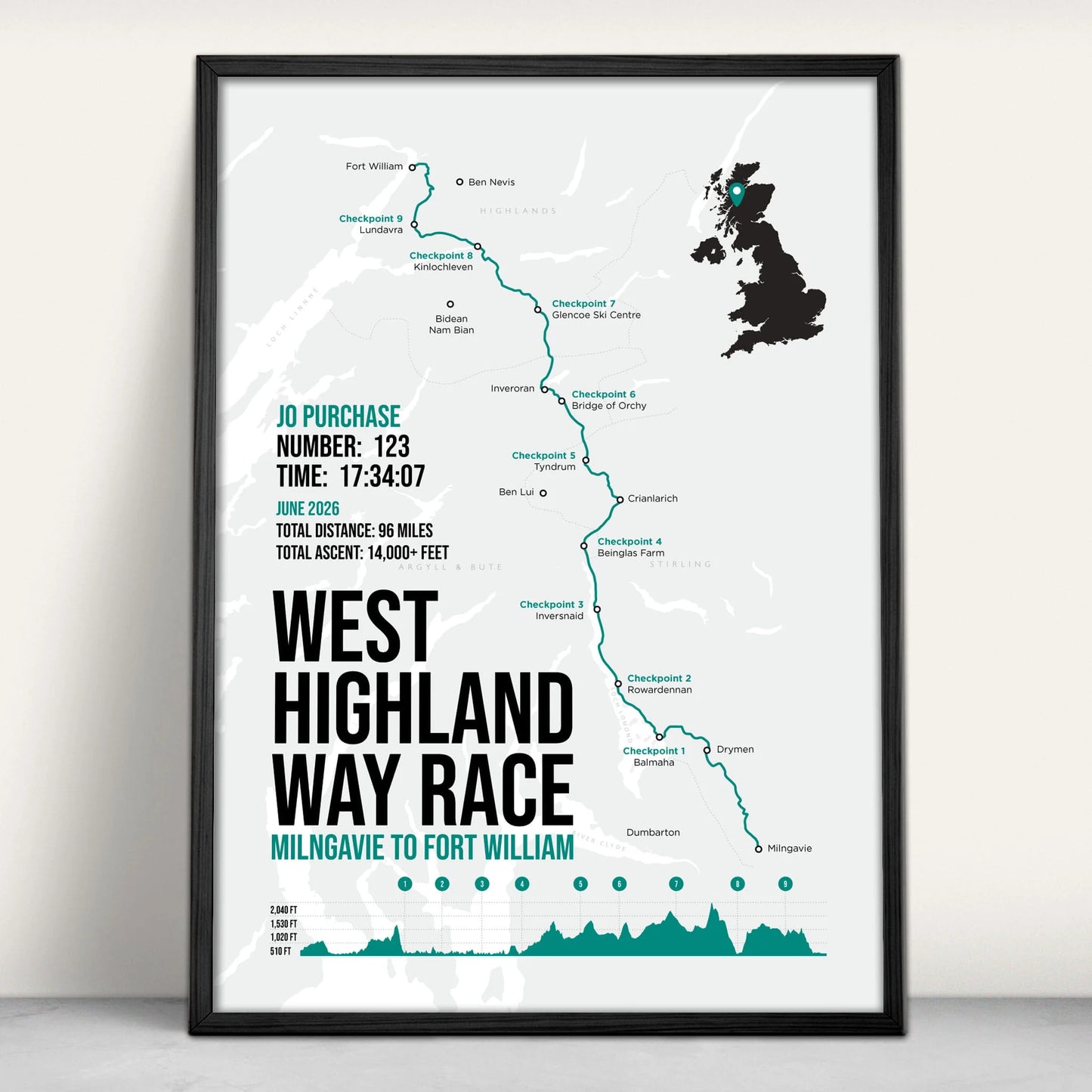 West Highland Way Race Personalised Art Print in green from Purest Green Prints