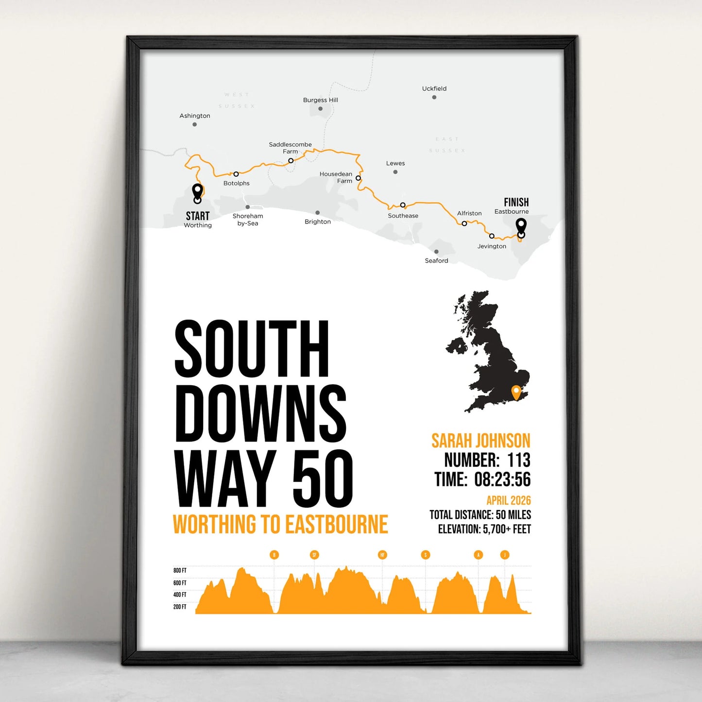 South Downs Way 50 Personalised Art Print in orange  from Purest Green Prints