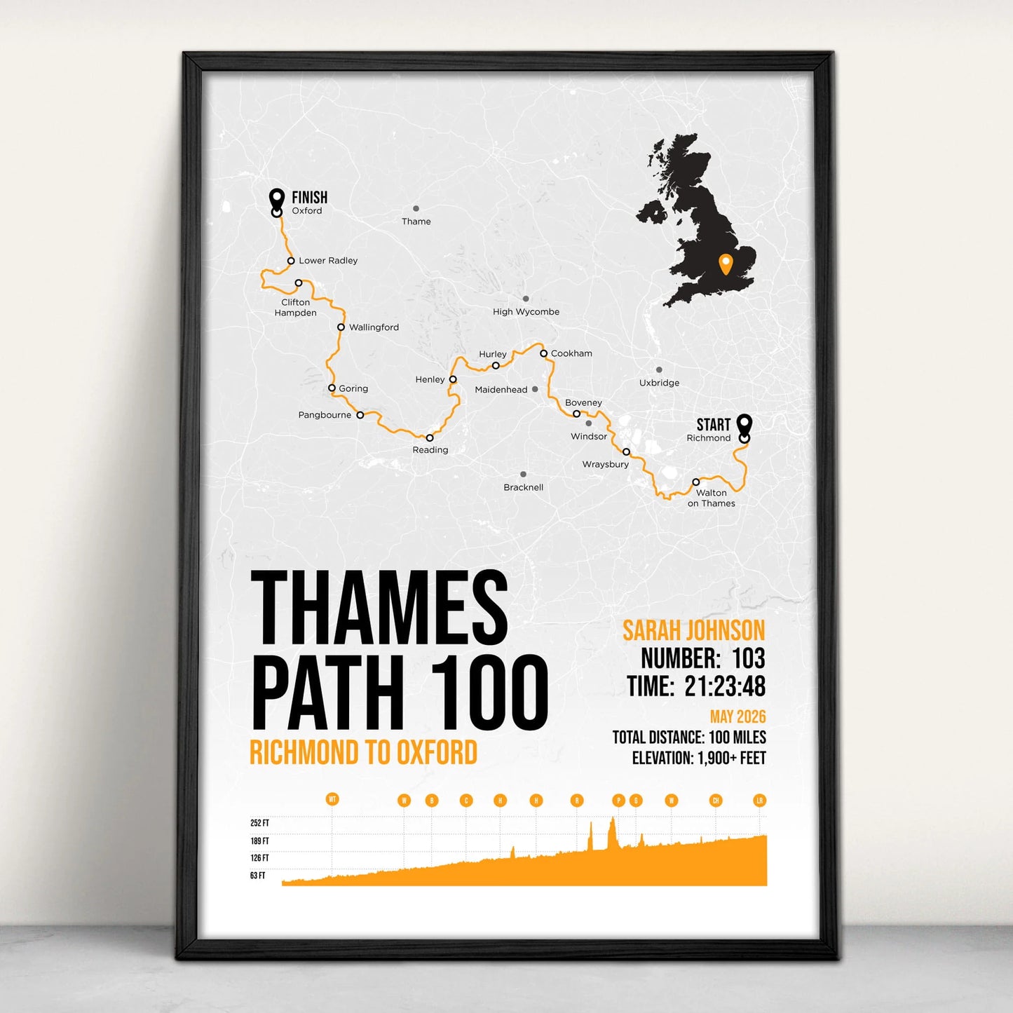 Thames Path 100 Personalised Art Print in orange from Purest Green Prints