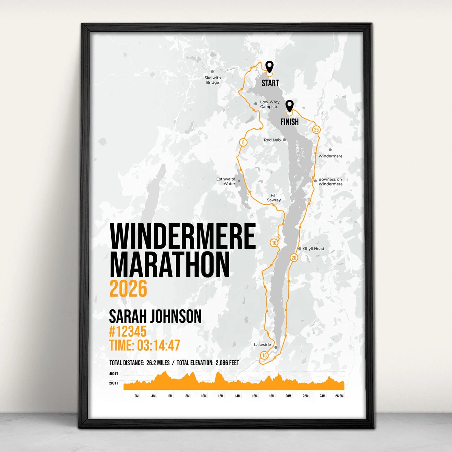 Lake Windermere Marathon Personalised Art Print in orange from Purest Green Prints