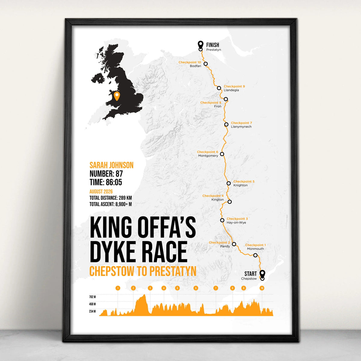 Personalised King Offa's Dyke Race Art Print in orange from Purest Green Prints