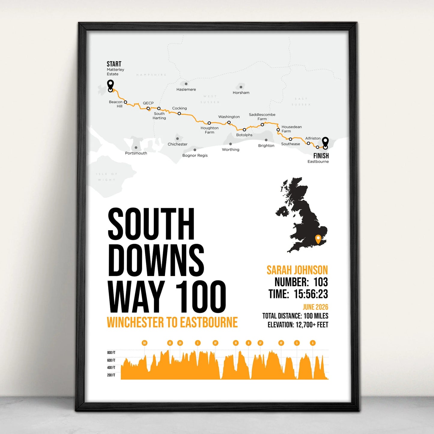 South Downs Way 100 Personalised Art Print in orange from Purest Green Prints