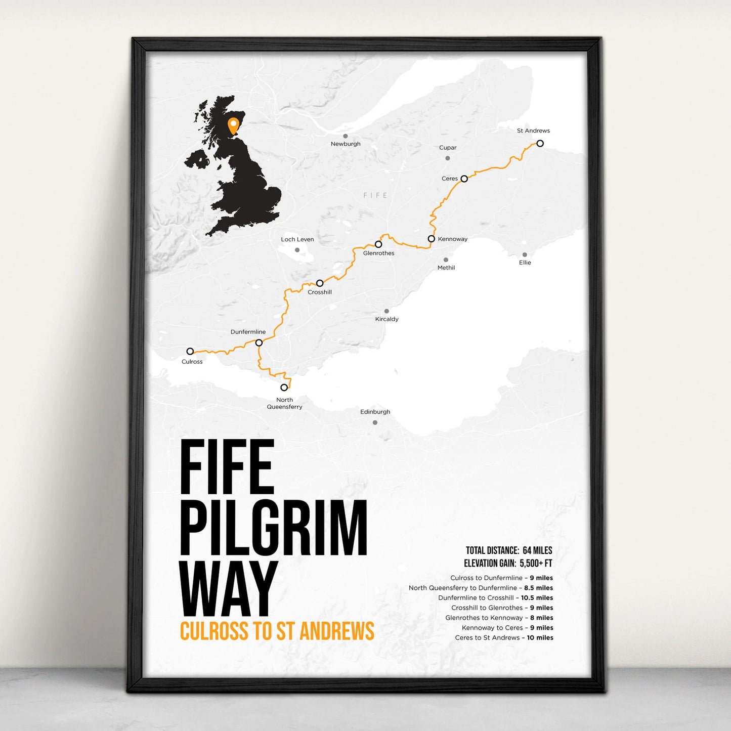 Fife Pilgrim Way Scottish Trail Map Art Print in orange from Purest Green Prints.
