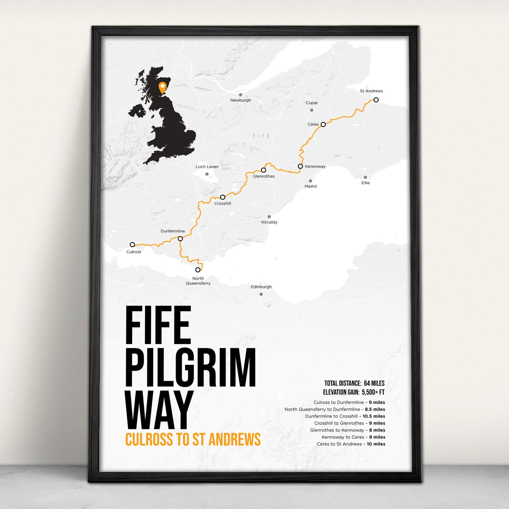 Fife Pilgrim Way Scottish Trail Map Art Print in orange from Purest Green Prints.