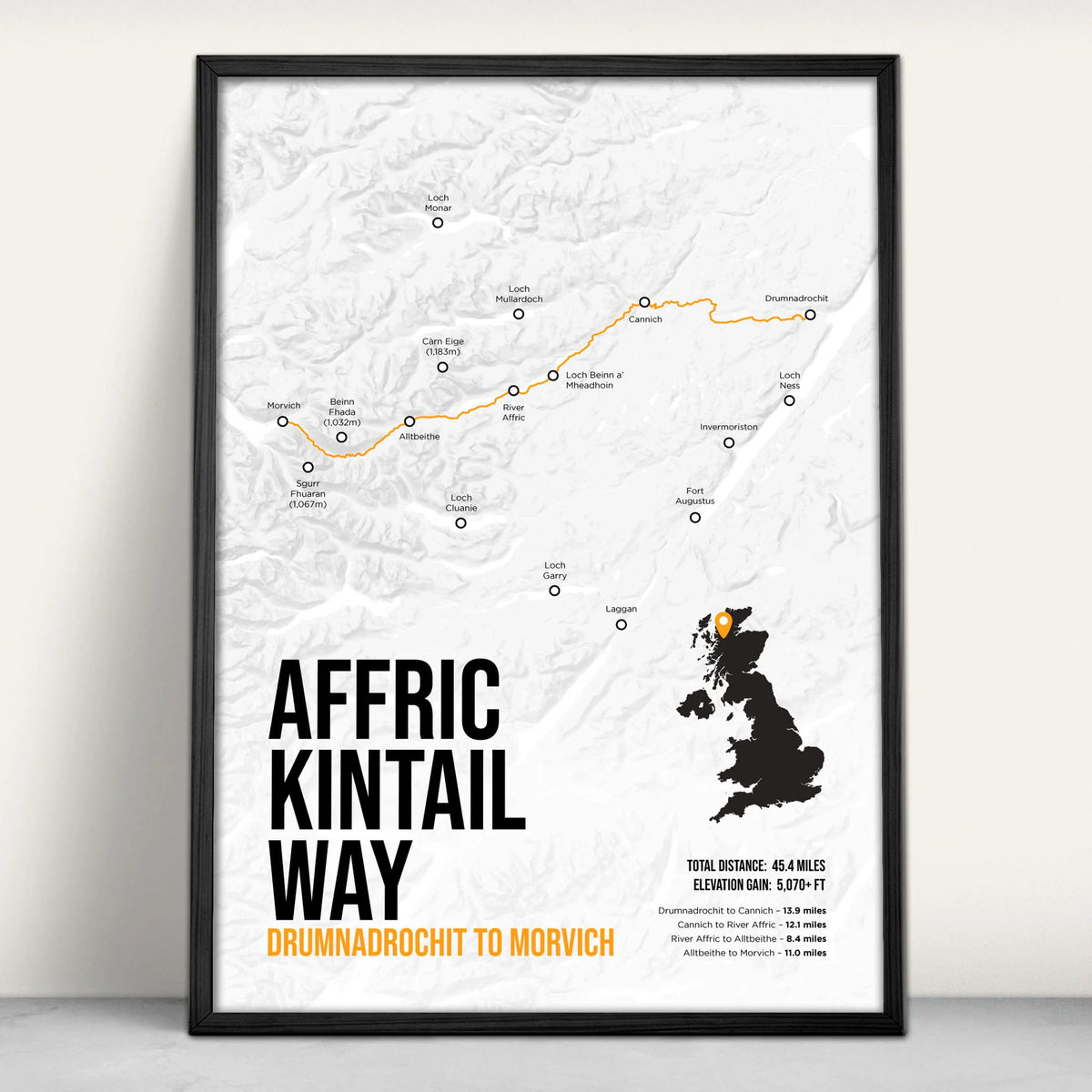Affric Kintail Way Scottish Trail Map Art Print in orange from Purest Green Prints.