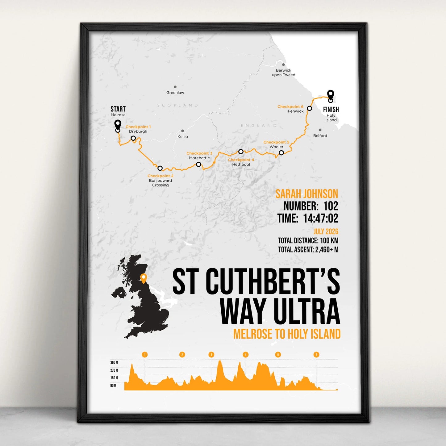 St Cuthbert's Way Ultra Personalised Art Print in orange from Purest Green Prints
