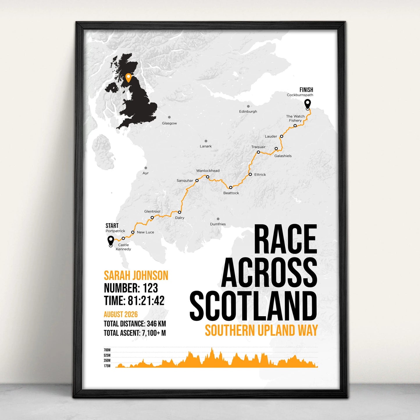 Personalised Race Across Scotland Art Print in orange from Purest Green Prints