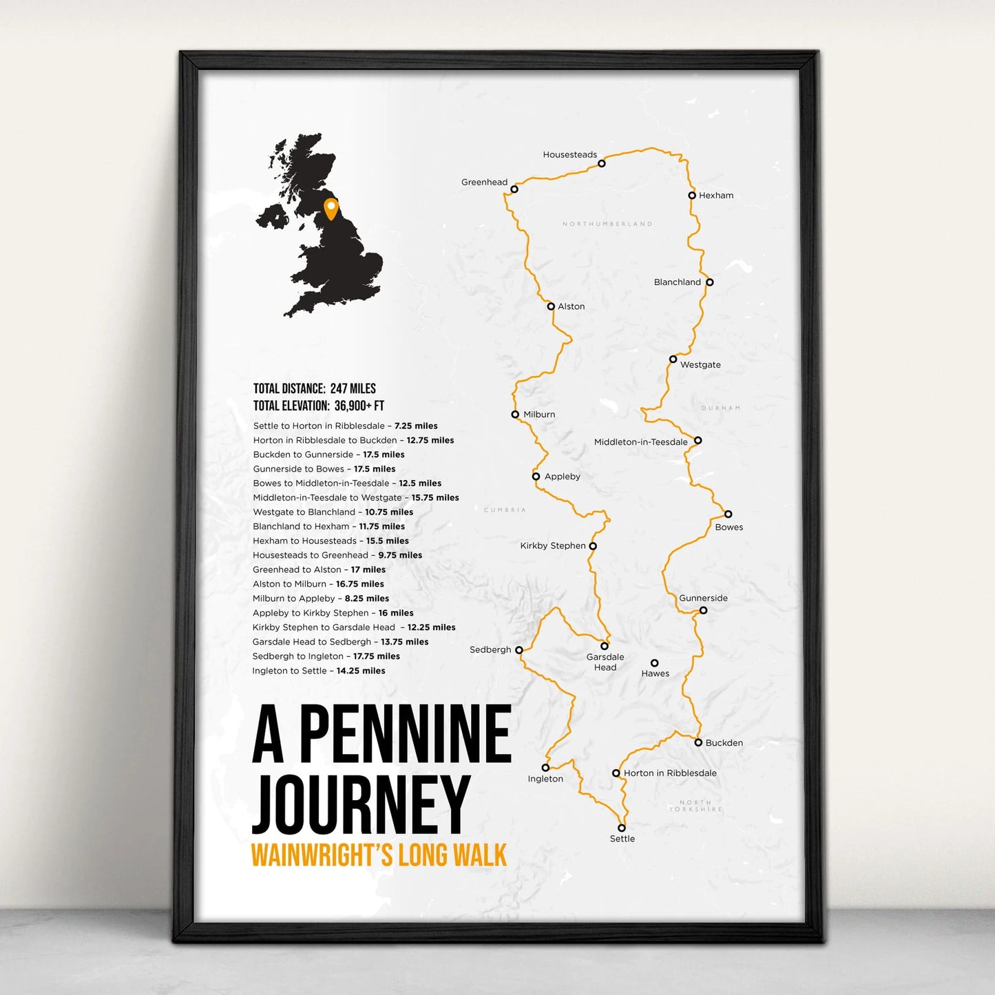 A Pennine Journey Trail Map Art Print in orange from Purest Green Prints