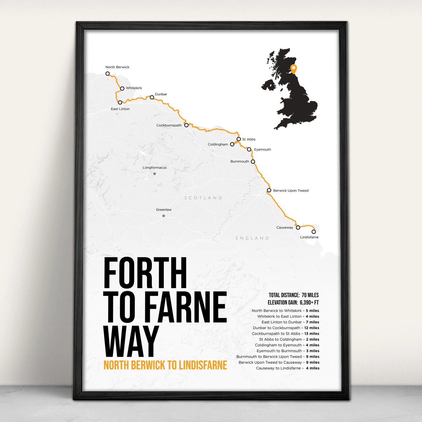 Forth to Farne Way Scottish and English Trail Map Art Print in orange from Purest Green Prints.